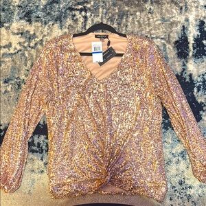 NWT Cable & Gauge Rose Gold Sequin Twisted Knot V-Neck Top